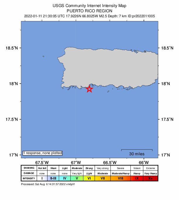 USGS DYFI community-reported intensity map for the M2.5 earthquake near 8 km SSE of Indios, Puerto Rico
