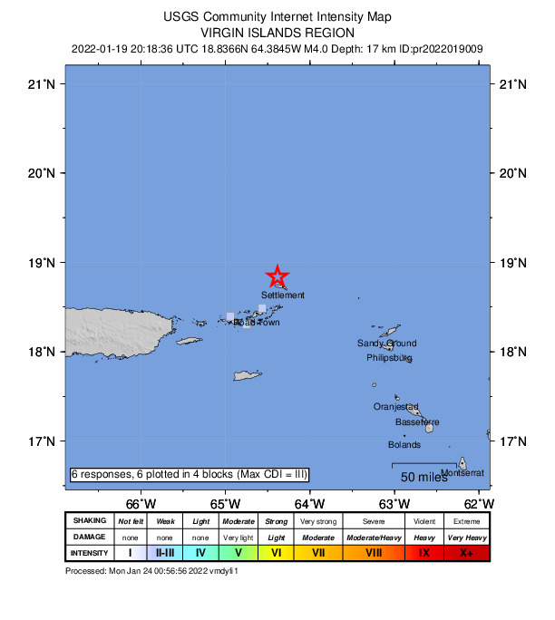 USGS DYFI community-reported intensity map for the M4.0 earthquake near 70 km NE of Cruz Bay, U.S. Virgin Islands