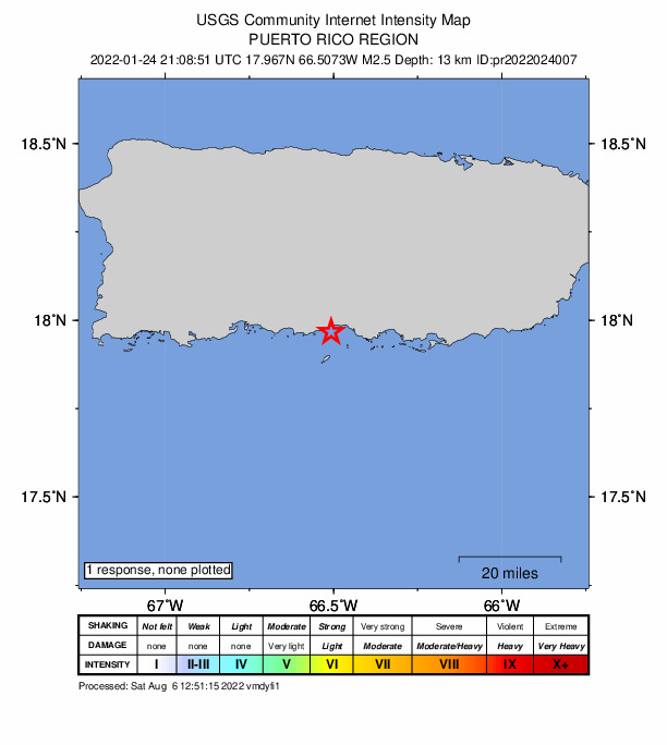 USGS DYFI community-reported intensity map for the M2.5 earthquake near 2 km SSW of Potala Pastillo, Puerto Rico
