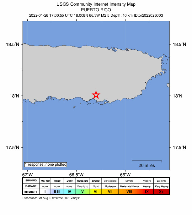 USGS DYFI community-reported intensity map for the M2.5 earthquake near 3 km NE of Las Ochenta, Puerto Rico