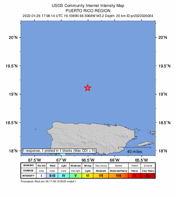 USGS DYFI community-reported intensity map for the M3.2 earthquake near Puerto Rico region