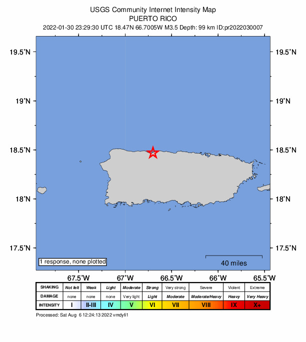 USGS DYFI community-reported intensity map for the M3.5 earthquake near 1 km E of Arecibo, Puerto Rico