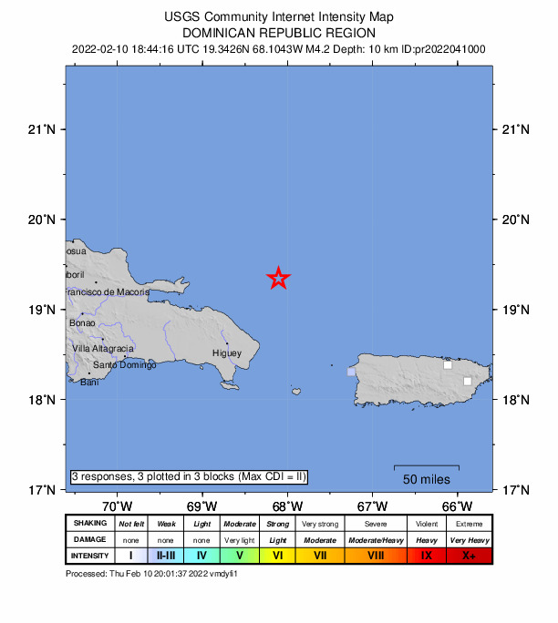 USGS DYFI community-reported intensity map for the M4.2 earthquake near 89 km NNE of Punta Cana, Dominican Republic
