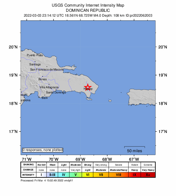 USGS DYFI community-reported intensity map for the M4.0 earthquake near 6 km SSW of Salvaleón de Higüey, Dominican Republic