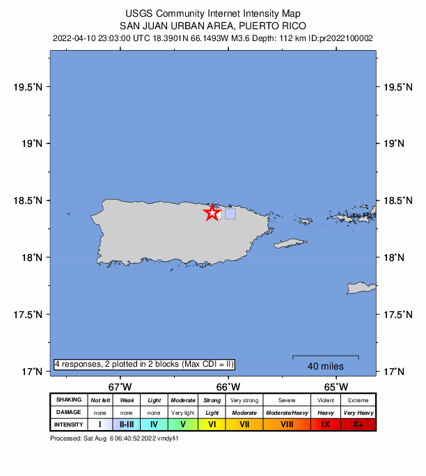 USGS DYFI community-reported intensity map for the M3.6 earthquake near 1 km SE of Bayamón, Puerto Rico