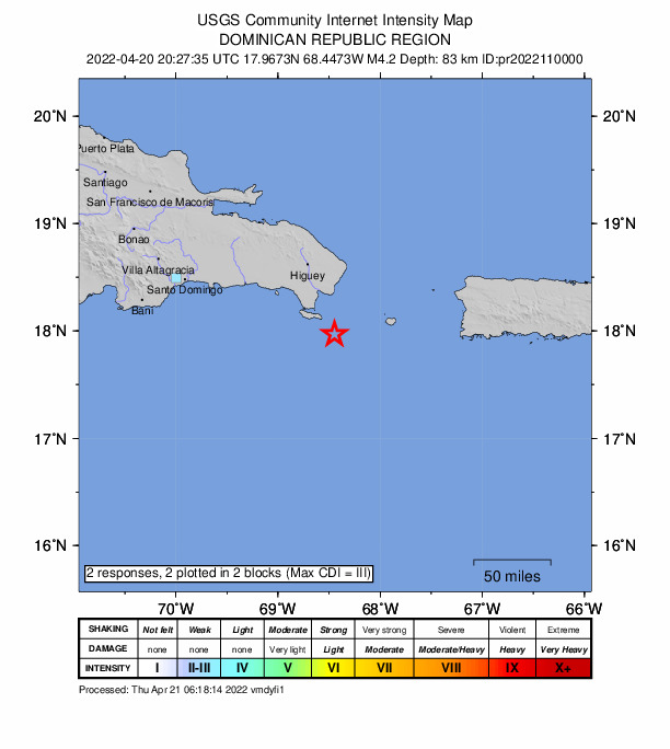 USGS DYFI community-reported intensity map for the M4.2 earthquake near 48 km SSE of Boca de Yuma, Dominican Republic