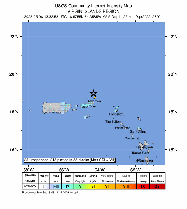 USGS DYFI community-reported intensity map for the M5.5 earthquake near 84 km NNE of Cruz Bay, U.S. Virgin Islands