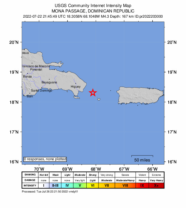 USGS DYFI community-reported intensity map for the M4.3 earthquake near 43 km SE of Punta Cana, Dominican Republic