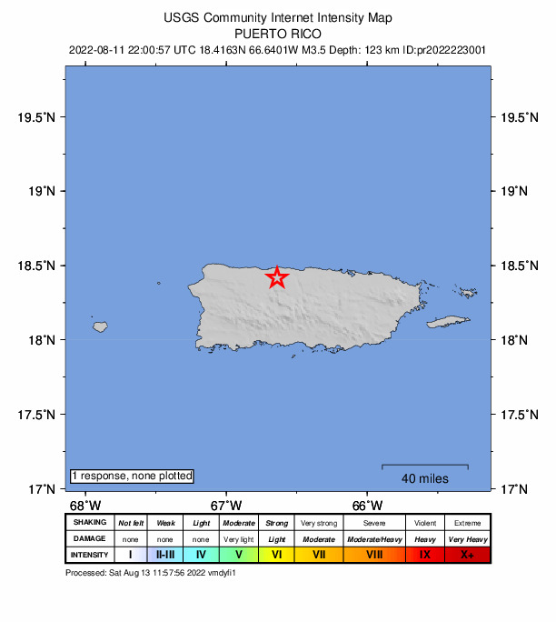 USGS DYFI community-reported intensity map for the M3.5 earthquake near 3 km S of Animas, Puerto Rico