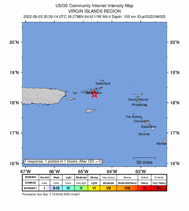 USGS DYFI community-reported intensity map for the M4.4 earthquake near Virgin Islands