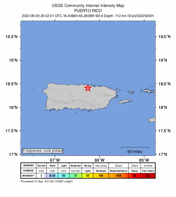 USGS DYFI community-reported intensity map for the M3.6 earthquake near 1 km NNW of San José, Puerto Rico