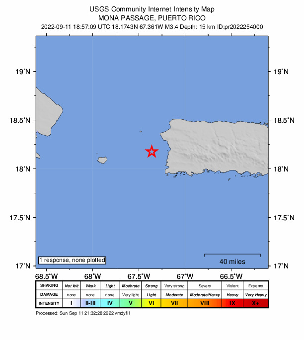 USGS DYFI community-reported intensity map for the M3.4 earthquake near 20 km SW of Stella, Puerto Rico