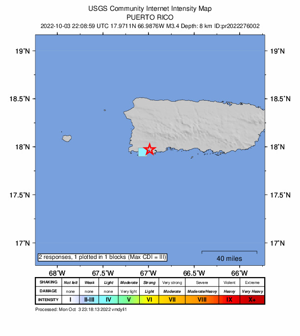 USGS DYFI community-reported intensity map for the M3.4 earthquake near 6 km E of La Parguera, Puerto Rico