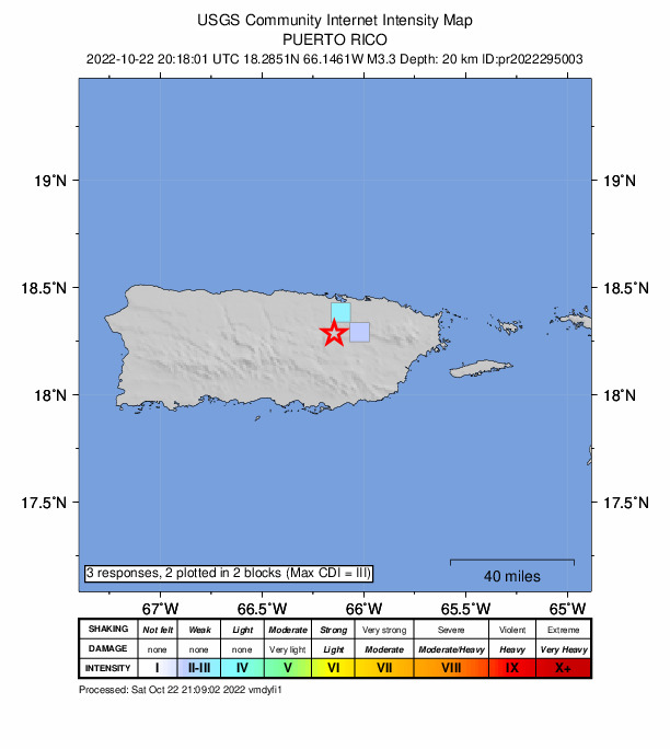 USGS DYFI community-reported intensity map for the M3.3 earthquake near 5 km NW of Aguas Buenas, Puerto Rico