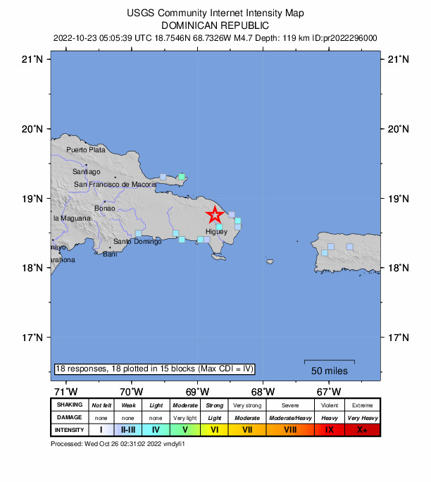 USGS DYFI community-reported intensity map for the M4.7 earthquake near 13 km NNW of Otra Banda, Dominican Republic