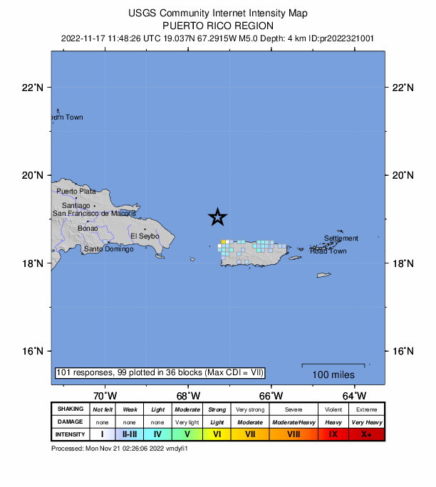 USGS DYFI community-reported intensity map for the M5.0 earthquake near 63 km NNW of San Antonio, Puerto Rico
