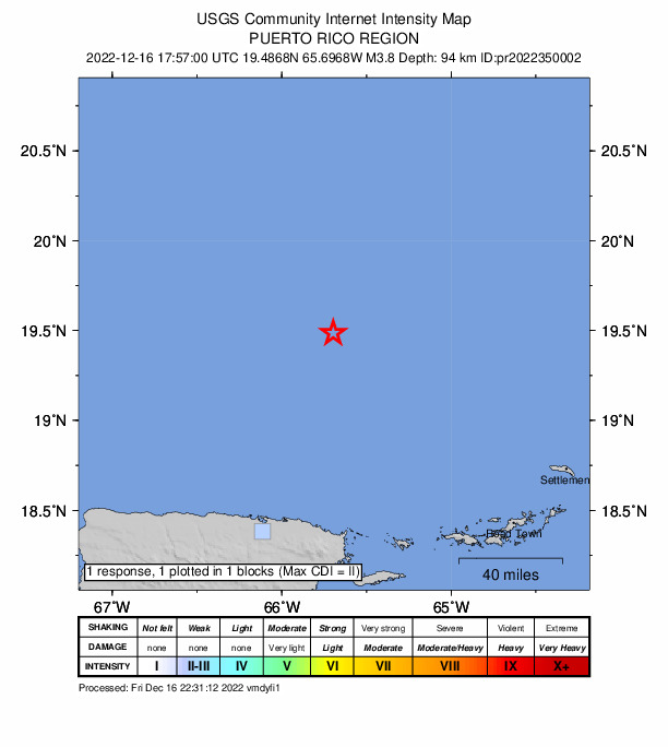 USGS DYFI community-reported intensity map for the M3.8 earthquake near 118 km N of Suárez, Puerto Rico
