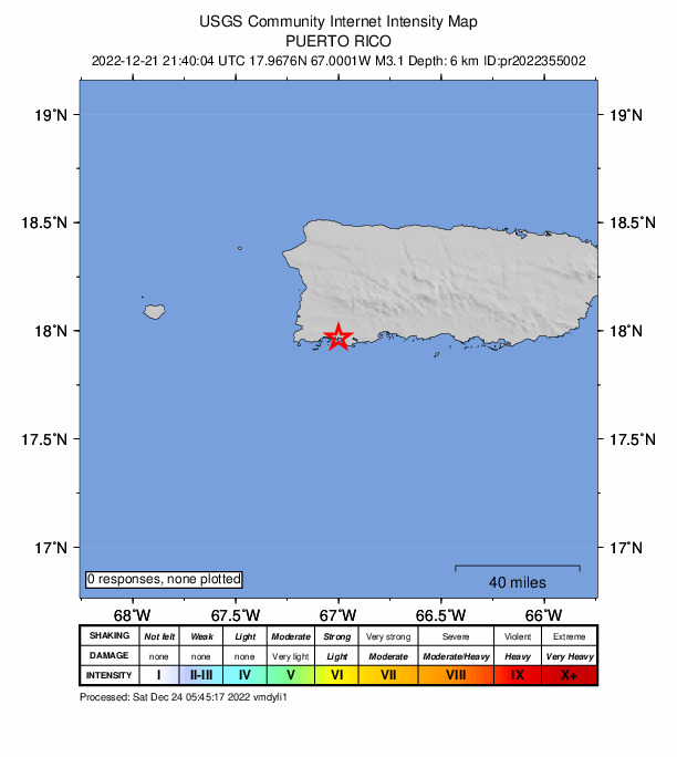 USGS DYFI community-reported intensity map for the M3.1 earthquake near 4 km E of La Parguera, Puerto Rico