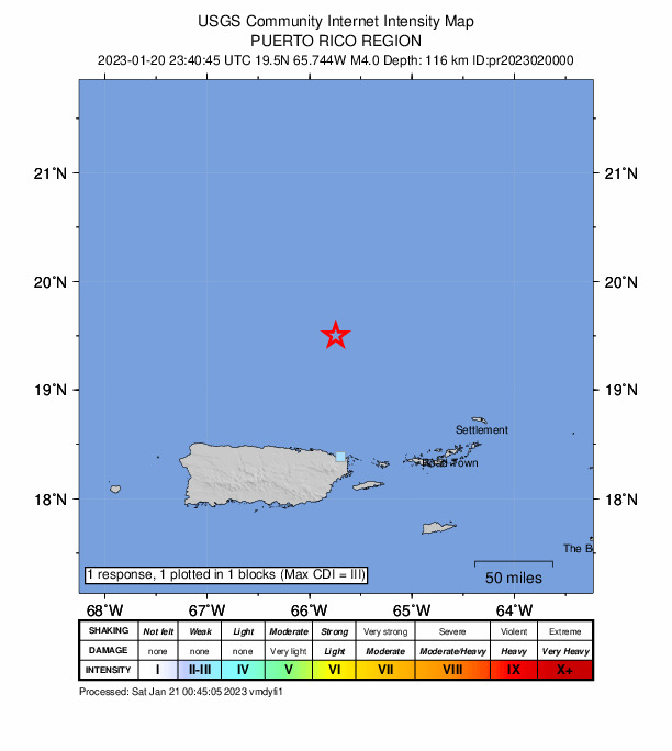 USGS DYFI community-reported intensity map for the M4.0 earthquake near 118 km N of Suárez, Puerto Rico