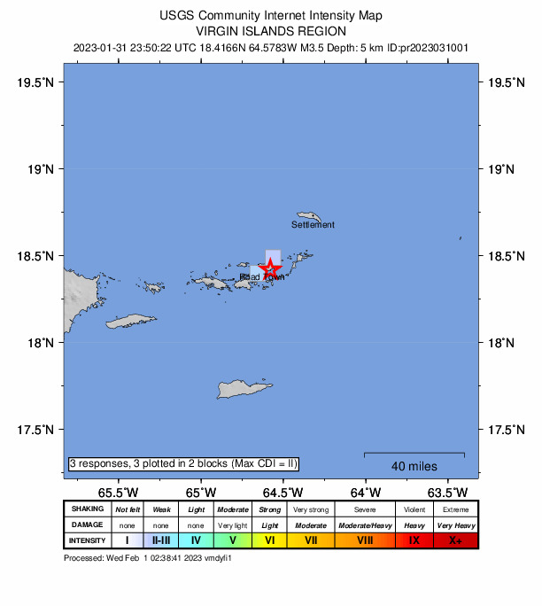 USGS DYFI community-reported intensity map for the M3.5 earthquake near 24 km ENE of Cruz Bay, U.S. Virgin Islands