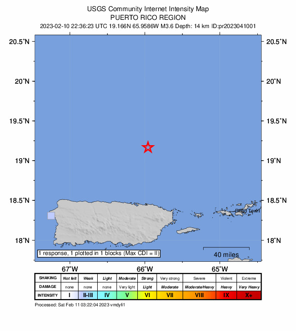 USGS DYFI community-reported intensity map for the M3.6 earthquake near 78 km NNE of San Juan, Puerto Rico