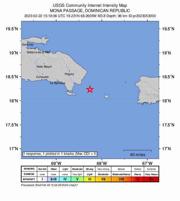 USGS DYFI community-reported intensity map for the M3.8 earthquake near Mona Passage