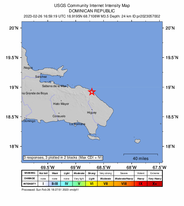 USGS DYFI community-reported intensity map for the M3.5 earthquake near 30 km N of Otra Banda, Dominican Republic