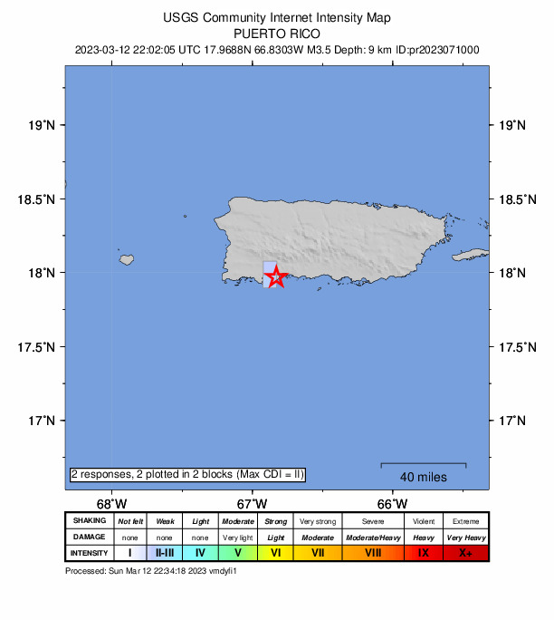 USGS DYFI community-reported intensity map for the M3.5 earthquake near 3 km SSW of Indios, Puerto Rico