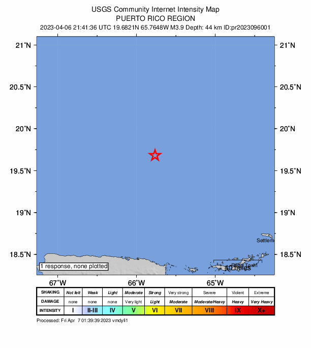 USGS DYFI community-reported intensity map for the M3.9 earthquake near 138 km N of Suárez, Puerto Rico