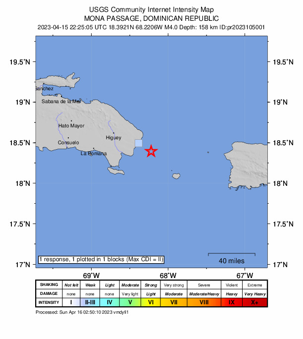 USGS DYFI community-reported intensity map for the M4.0 earthquake near 28 km SE of Punta Cana, Dominican Republic