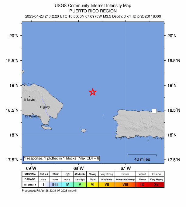 USGS DYFI community-reported intensity map for the M3.5 earthquake near 74 km NW of Rincón, Puerto Rico