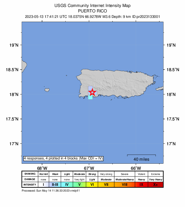 USGS DYFI community-reported intensity map for the M3.6 earthquake near 1 km ESE of Liborio Negron Torres, Puerto Rico