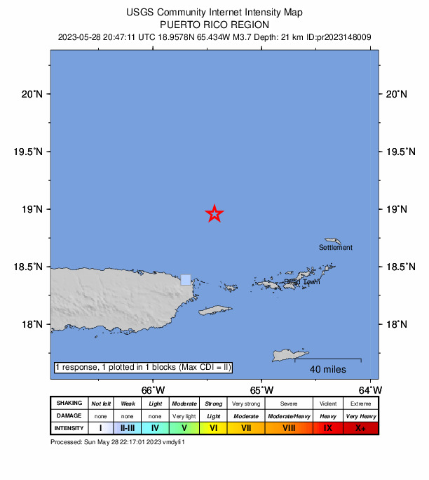 USGS DYFI community-reported intensity map for the M3.7 earthquake near 71 km NNE of Luquillo, Puerto Rico