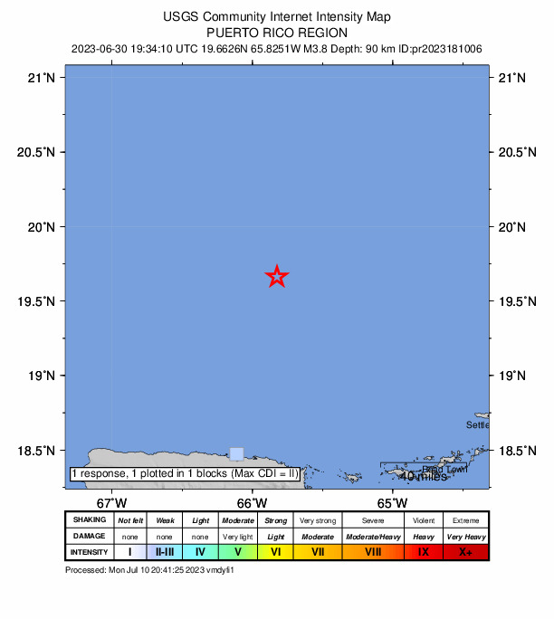 USGS DYFI community-reported intensity map for the M3.8 earthquake near Puerto Rico region