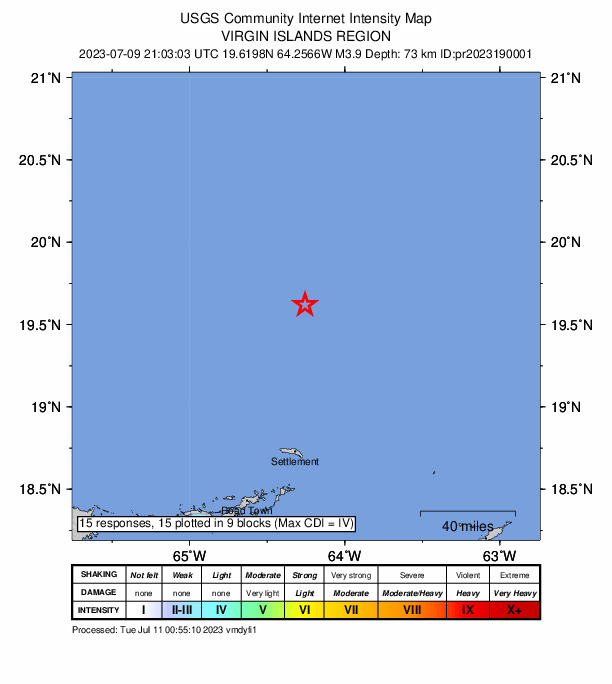 USGS DYFI community-reported intensity map for the M3.9 earthquake near 153 km NNE of Cruz Bay, U.S. Virgin Islands