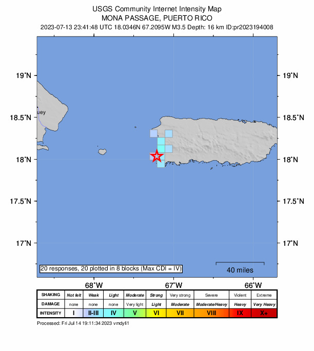 USGS DYFI community-reported intensity map for the M3.5 earthquake near Mona Passage