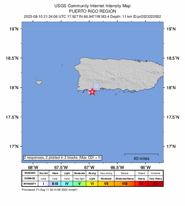 USGS DYFI community-reported intensity map for the M3.4 earthquake near 6 km SW of Guánica, Puerto Rico