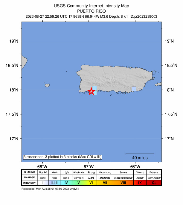 USGS DYFI community-reported intensity map for the M3.6 earthquake near 3 km WSW of Guánica, Puerto Rico