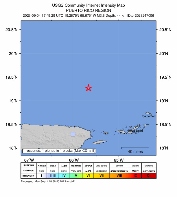 USGS DYFI community-reported intensity map for the M3.6 earthquake near Puerto Rico region