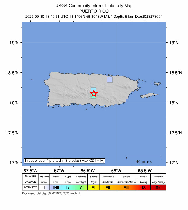 USGS DYFI community-reported intensity map for the M3.4 earthquake near 8 km S of Orocovis, Puerto Rico