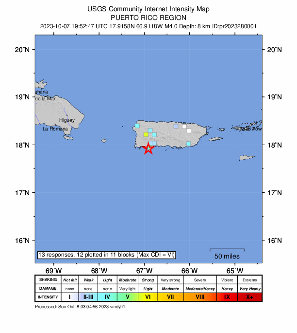 USGS DYFI community-reported intensity map for the M4.0 earthquake near Puerto Rico region