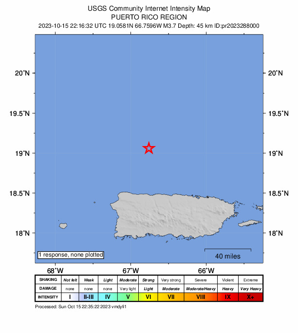 USGS DYFI community-reported intensity map for the M3.7 earthquake near 63 km N of Hatillo, Puerto Rico