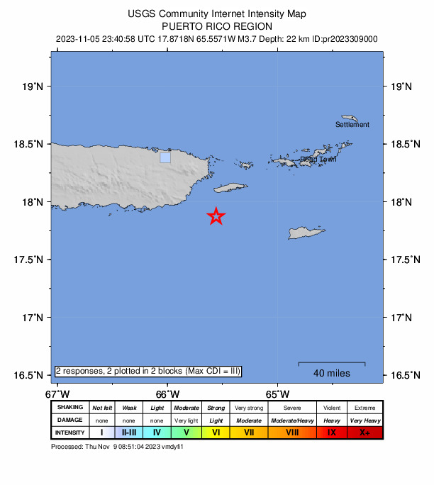 USGS DYFI community-reported intensity map for the M3.7 earthquake near 26 km SSW of Esperanza, Puerto Rico