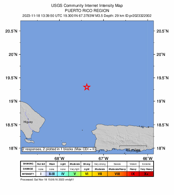 USGS DYFI community-reported intensity map for the M3.5 earthquake near 94 km NNW of San Antonio, Puerto Rico