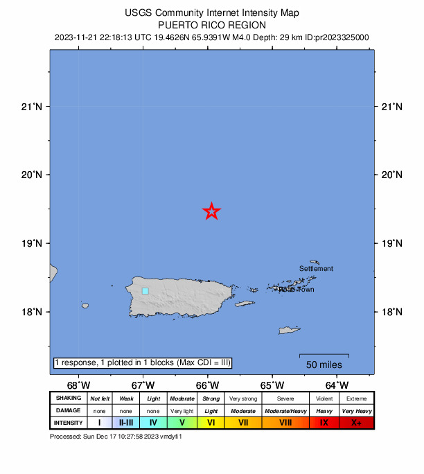 USGS DYFI community-reported intensity map for the M4.0 earthquake near 111 km N of San Juan, Puerto Rico
