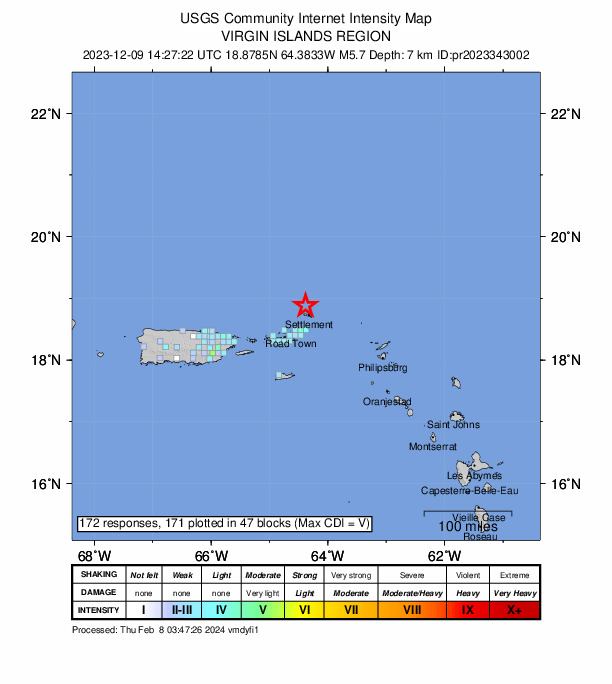 USGS DYFI community-reported intensity map for the M5.7 earthquake near 74 km NE of Cruz Bay, U.S. Virgin Islands