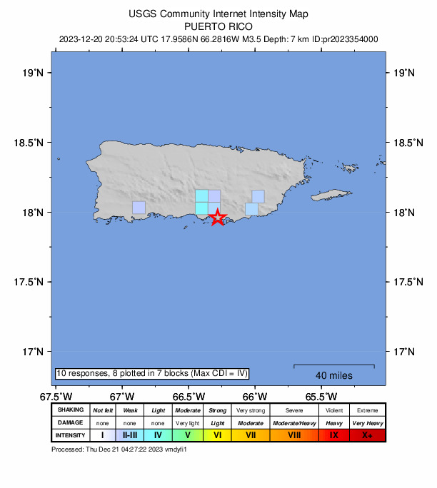 USGS DYFI community-reported intensity map for the M3.5 earthquake near 2 km SE of Salinas, Puerto Rico
