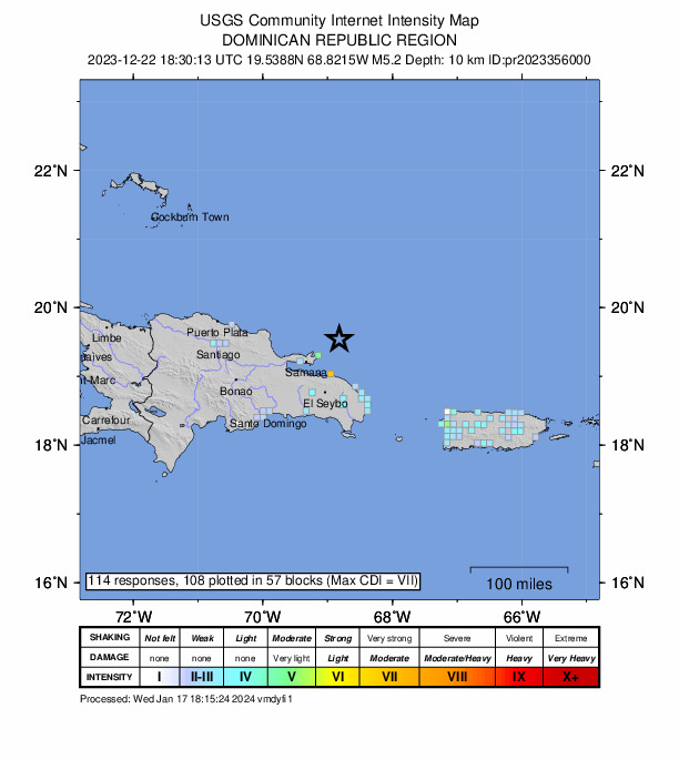 USGS DYFI community-reported intensity map for the M5.3 earthquake near 65 km NE of Samaná, Dominican Republic