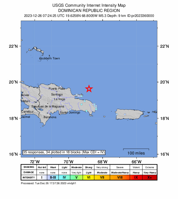USGS DYFI community-reported intensity map for the M5.3 earthquake near 72 km NE of Samaná, Dominican Republic