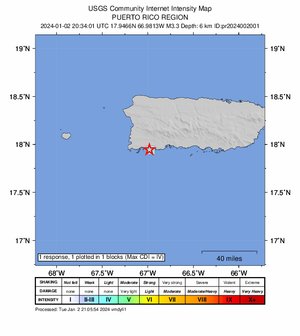 USGS DYFI community-reported intensity map for the M3.3 earthquake near 7 km ESE of La Parguera, Puerto Rico